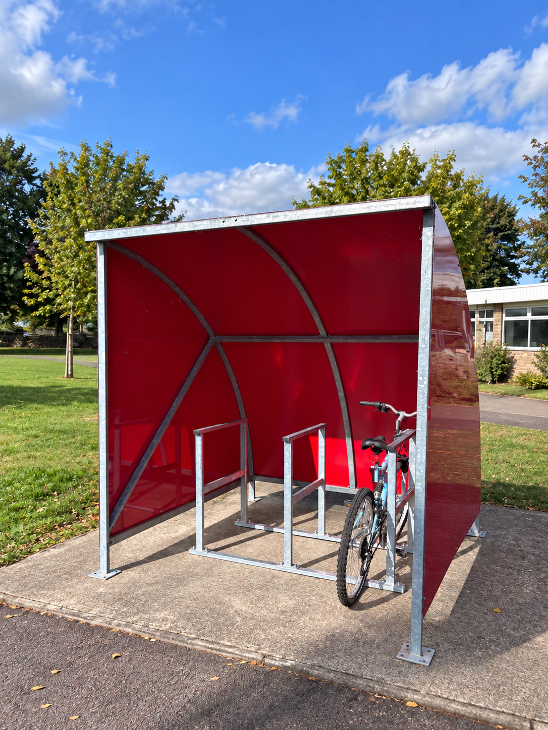6 bike cycle shelter with cycle racks and red skybond aluminium panels