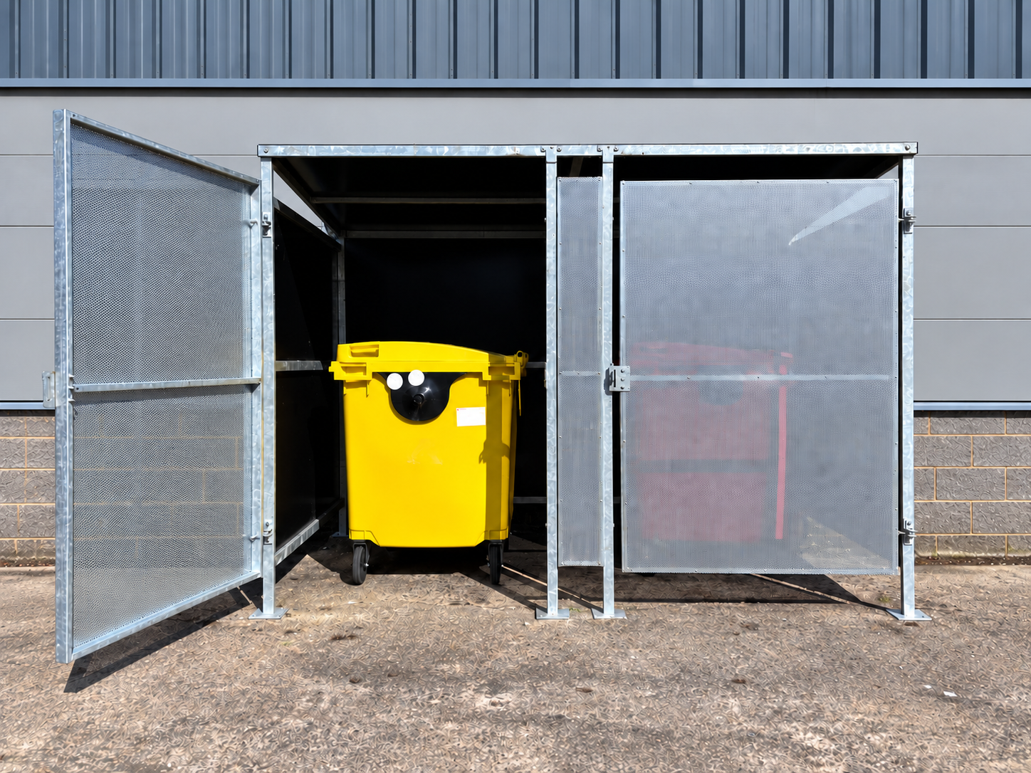 Lancaster bin store front view of 1100 litre commercial bin parking