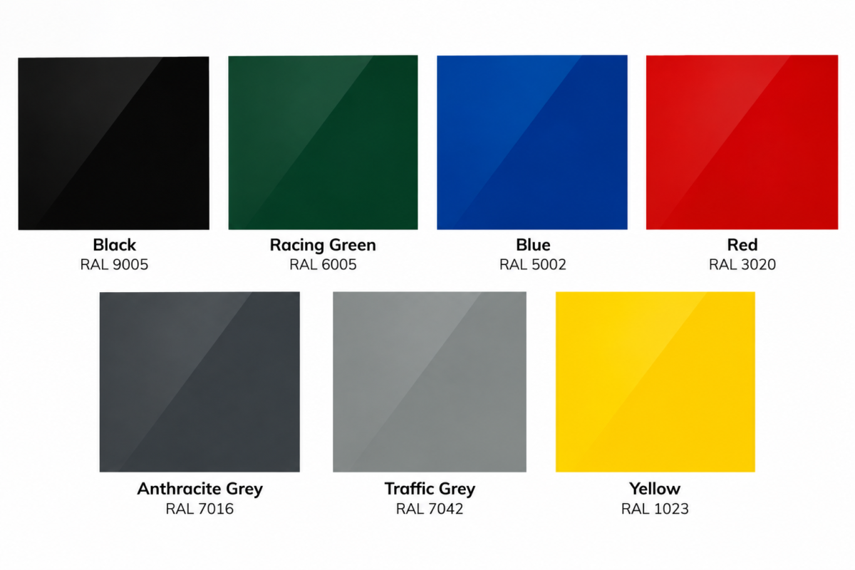 Skybond ACM colour panel options for cycle shelters and bin stores