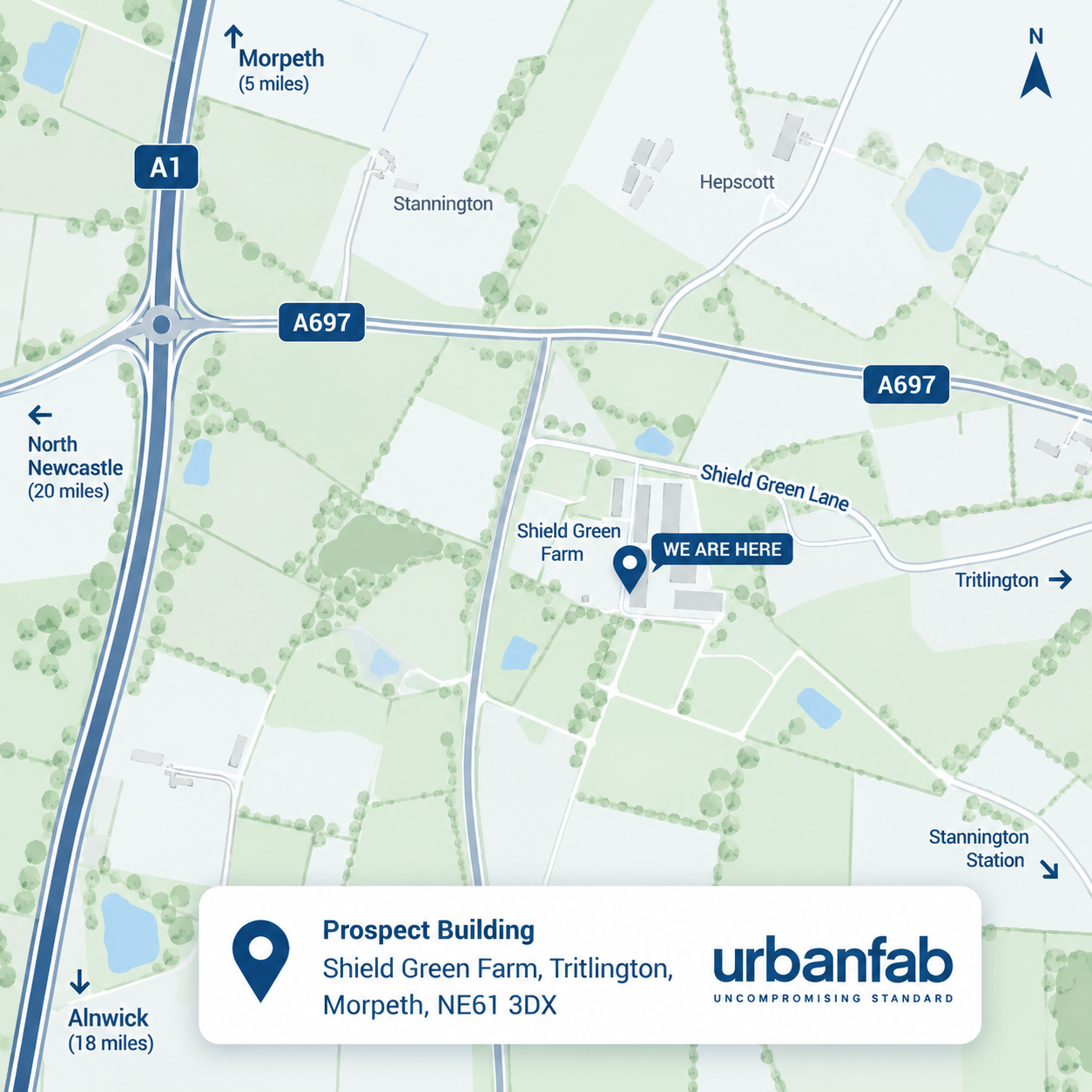 Map showing Urbanfab at Prospect Building, Shield Green Farm, Tritlington, Morpeth, NE61 3DX, near the A1 and A697.