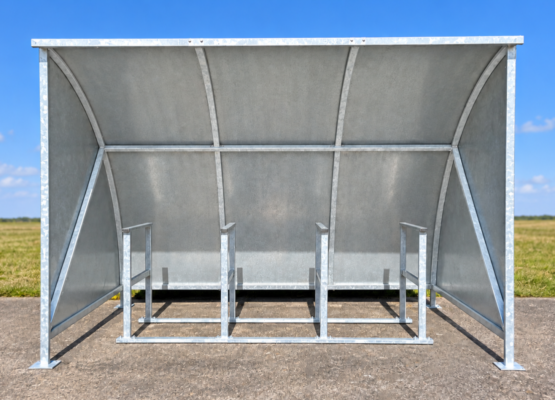 Cycle shelter with galvanised steel side and rear panels