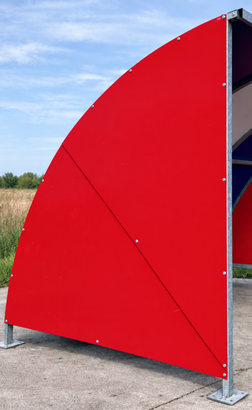 Skybond ACM overlapping side panels on a cycle shelter